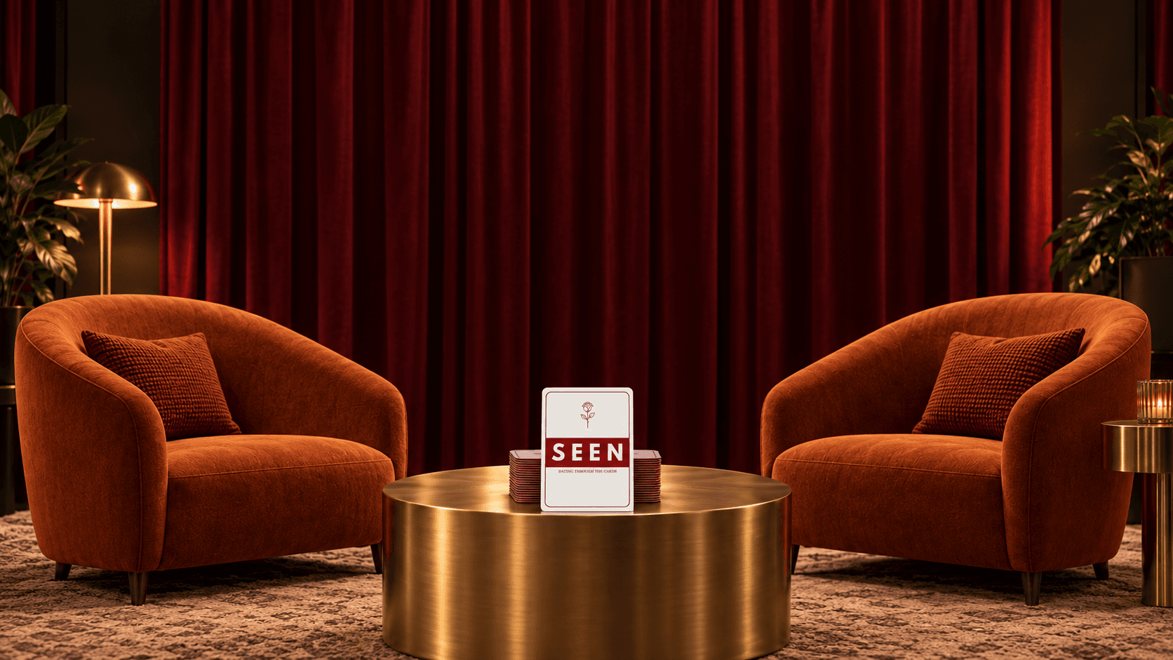 The set of SEEN: two burnt-orange velvet armchairs facing a round brushed-gold table that holds the SEEN card deck, framed by a deep burgundy curtain and warm lamplight.